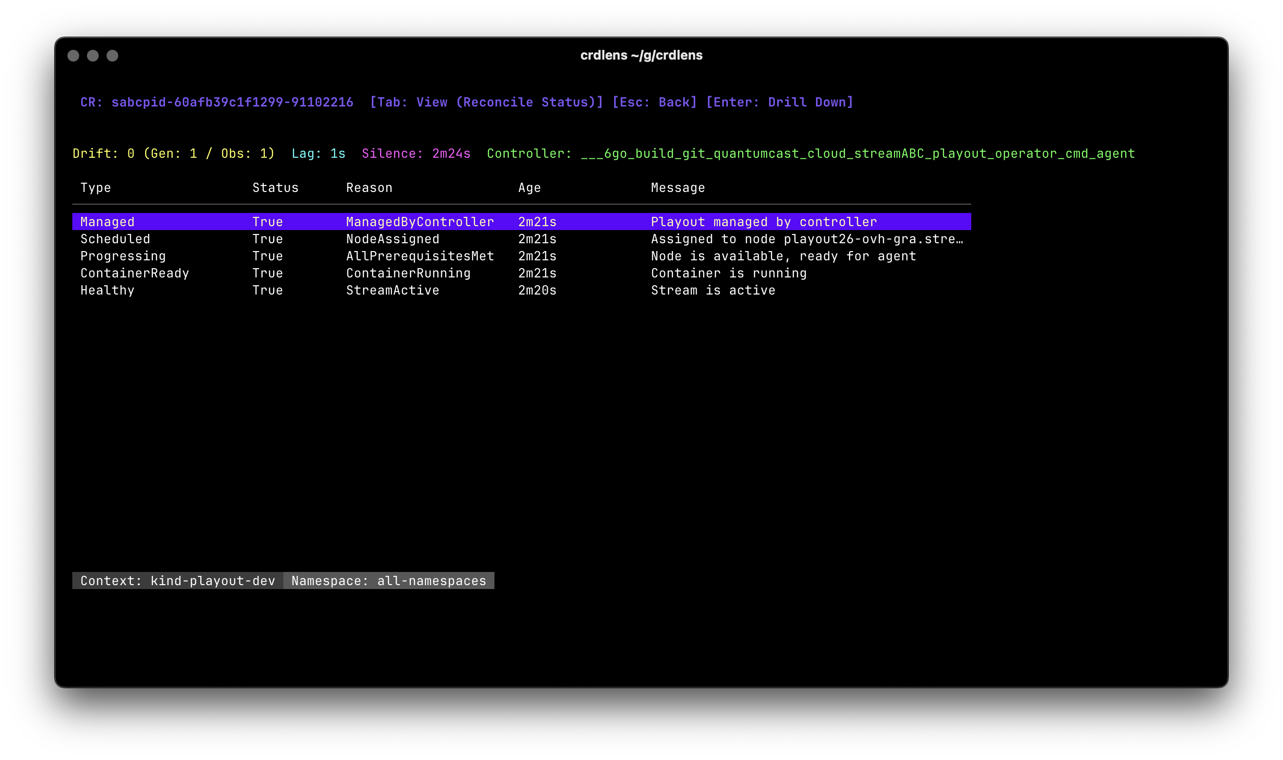 CR Reconcile Status view showing controller state