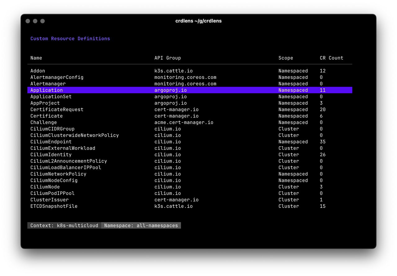CRD List view showing all Custom Resource Definitions